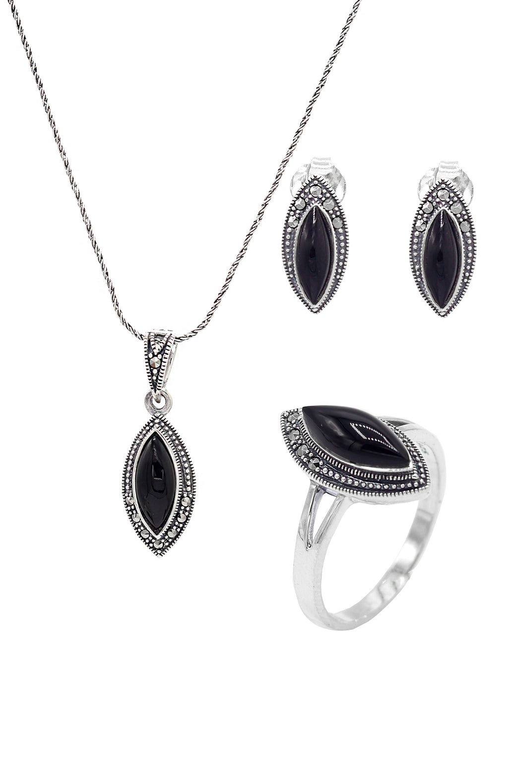 Slanting Model Silver Triple Jewelry Set With Onyx (NG201021954)