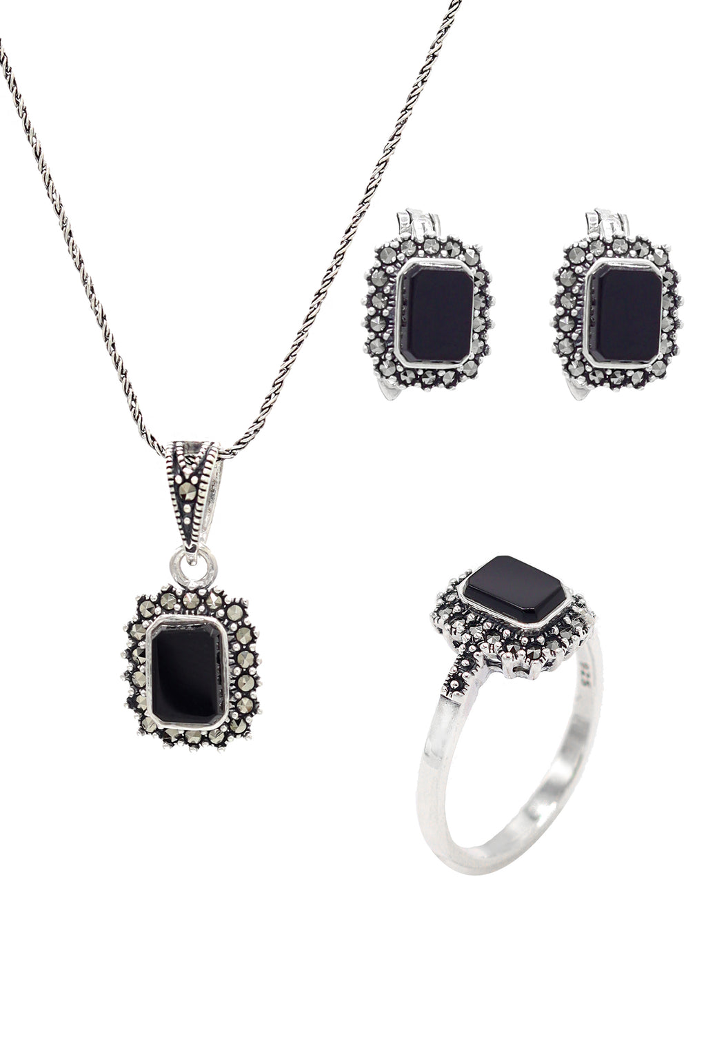 Rectangle Model Silver Triple Jewelry Set With Onyx (NG201021955)