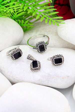 Rectangle Model Silver Triple Jewelry Set With Onyx (NG201021955)