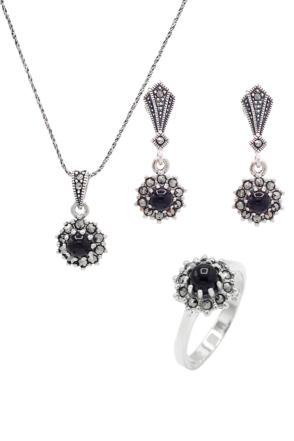 Floral Model Silver Triple Jewelry Set With Onyx (NG201021956)